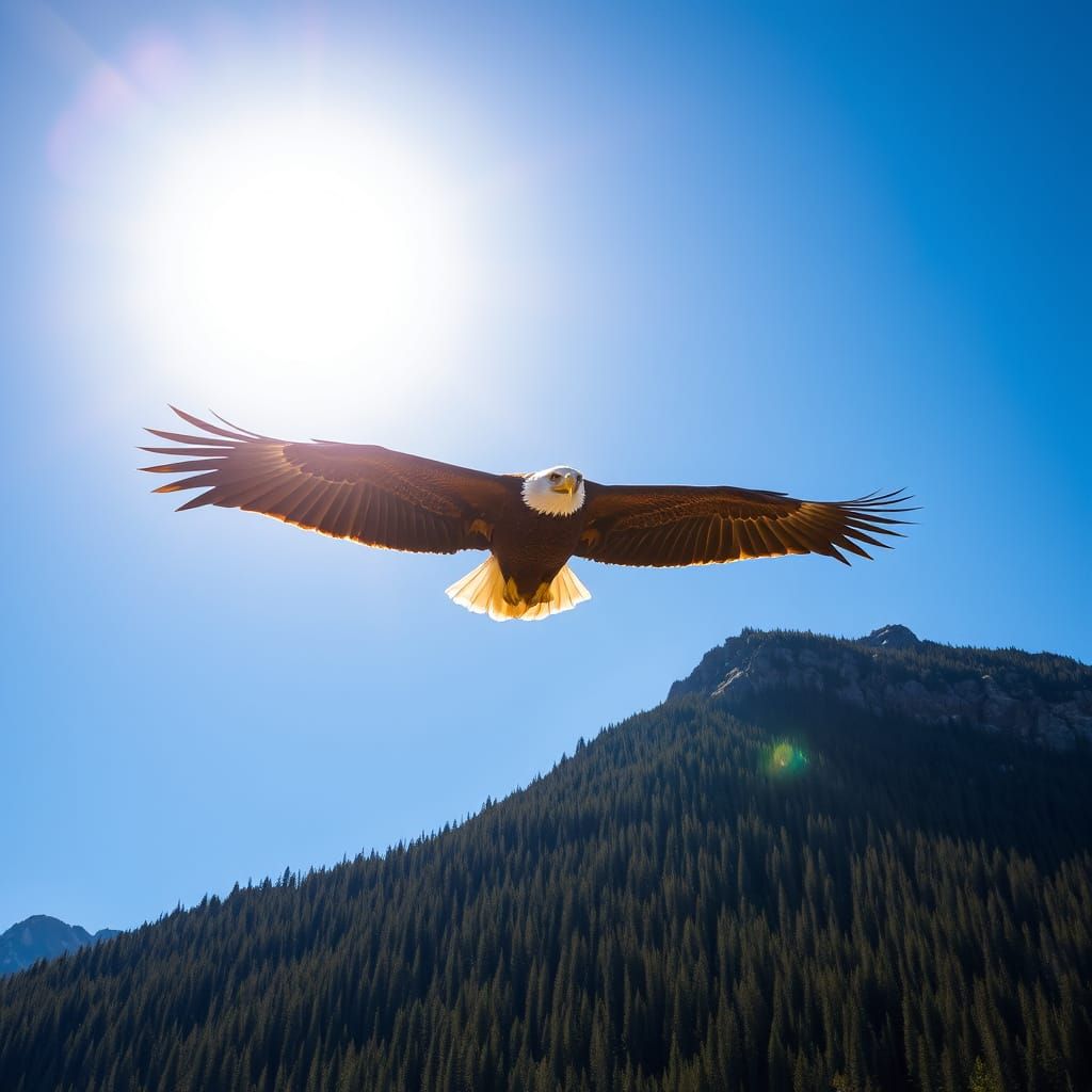 Majestic Bald Eagle in Flight Over Mountain Landscape