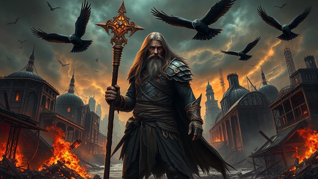 Fantasy Warrior in Post-Apocalyptic Metropolis as Oil Painti...