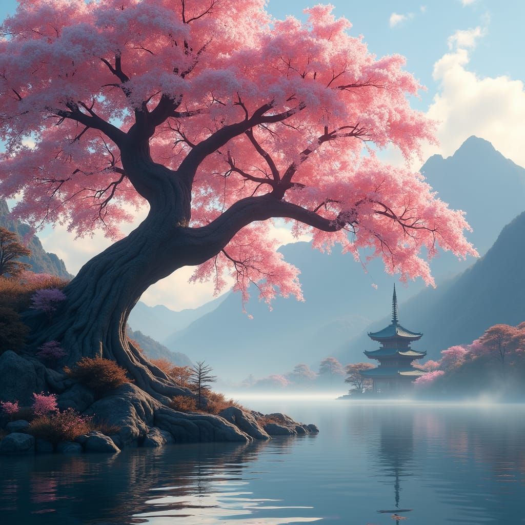 Cherry Blossom Tree, Japanese Temple, Dreamlike Landscape