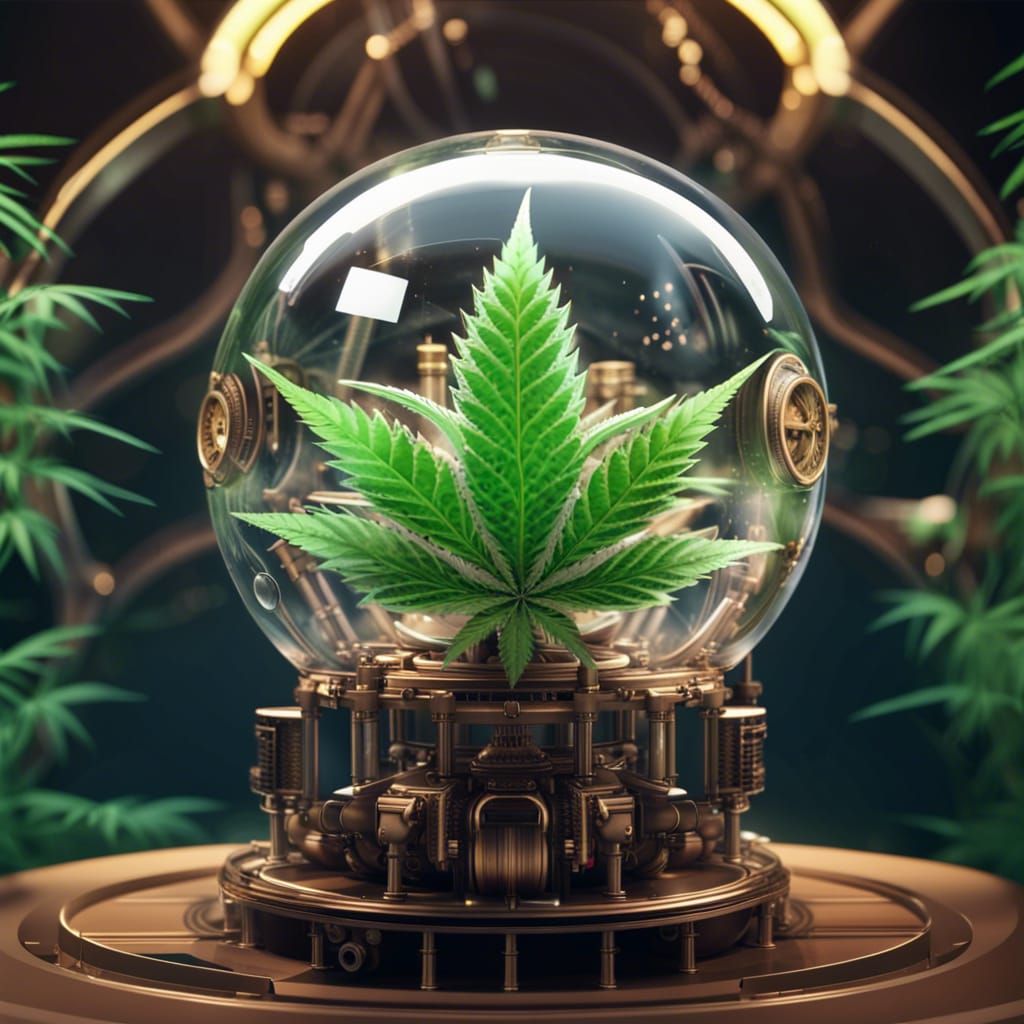 Marijuana Plant in Crystal Sphere, Steampunk Style