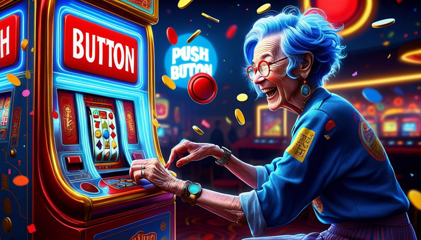 Elderly Lady Celebrates Big Win in Whimsical Casino Scene