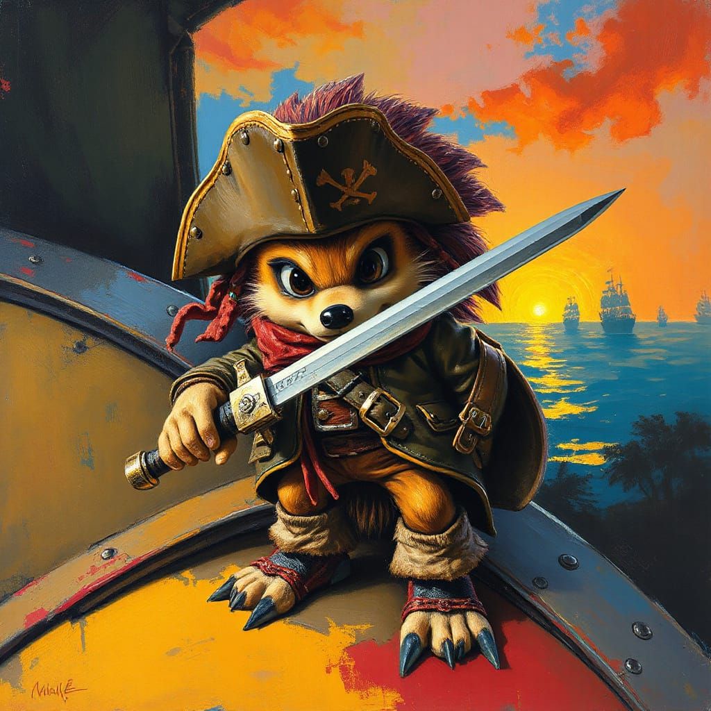 Pirate Hedgehog Wielding Laser Sword in Expressionist Style