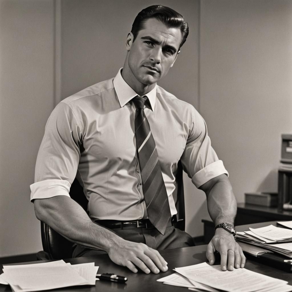 Muscled Clerk at Desk Illustration