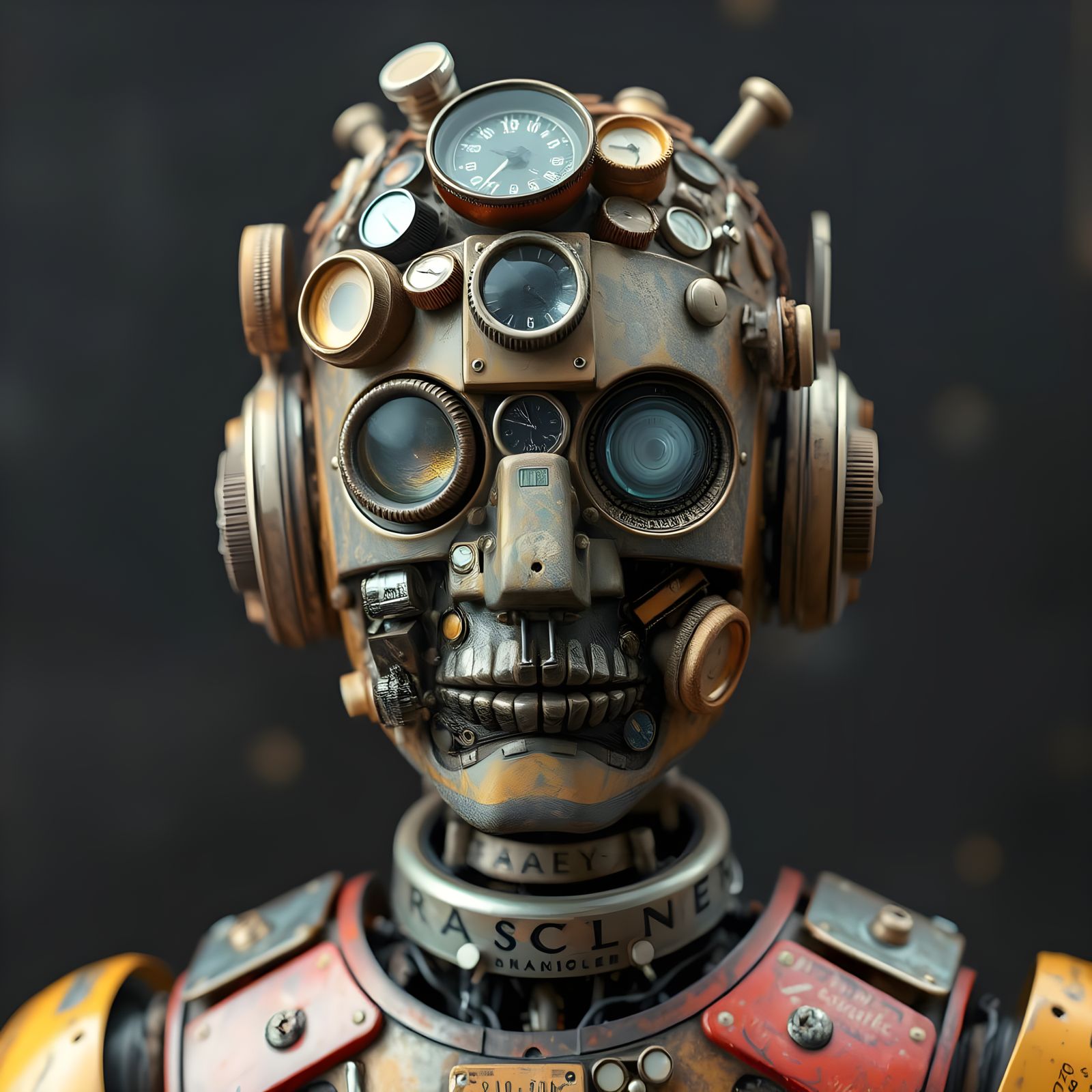 A portrait of a robot composed entirely of found objects