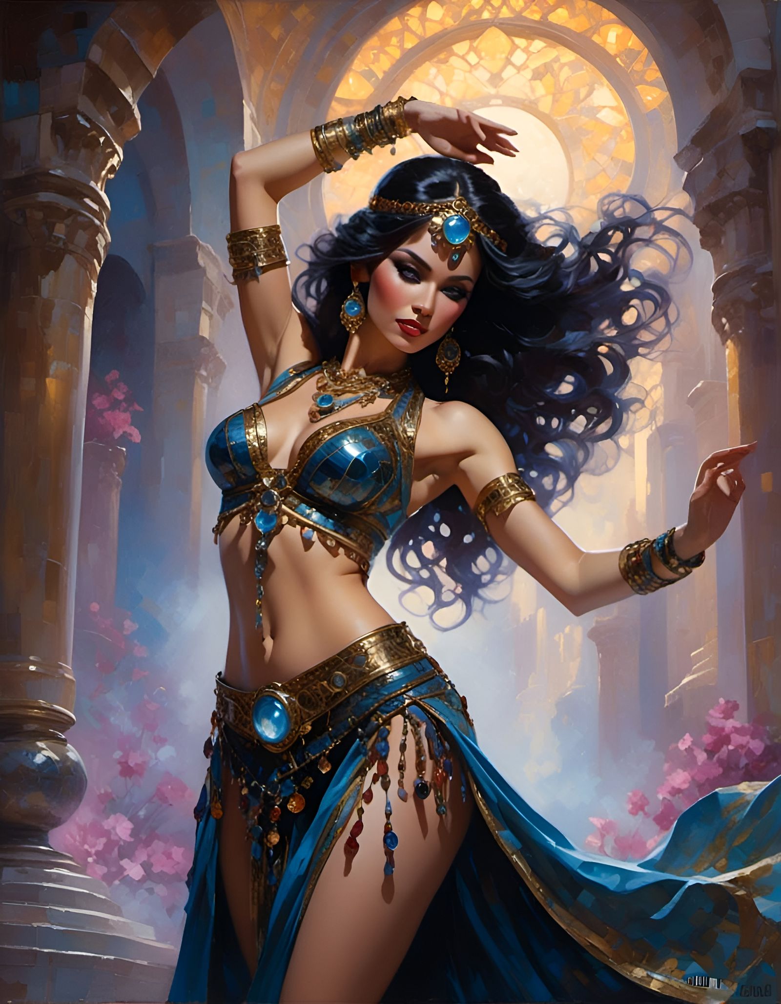 <lora:Mosaic Jewels:1.0> <lora:Beautiful Visions:1.0> female black-hair belly dancer