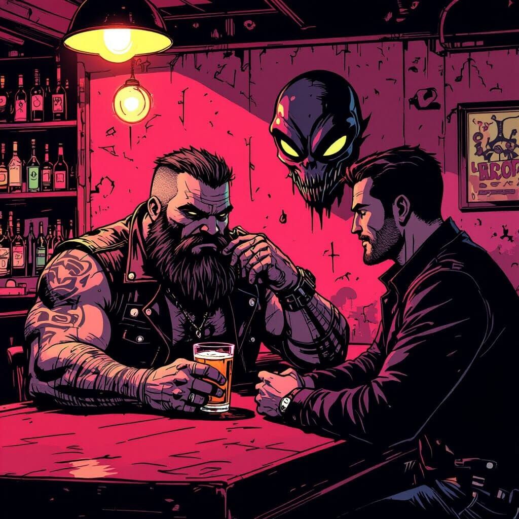 Biker Dude Meets Friendly Man in Noir Comic Bar