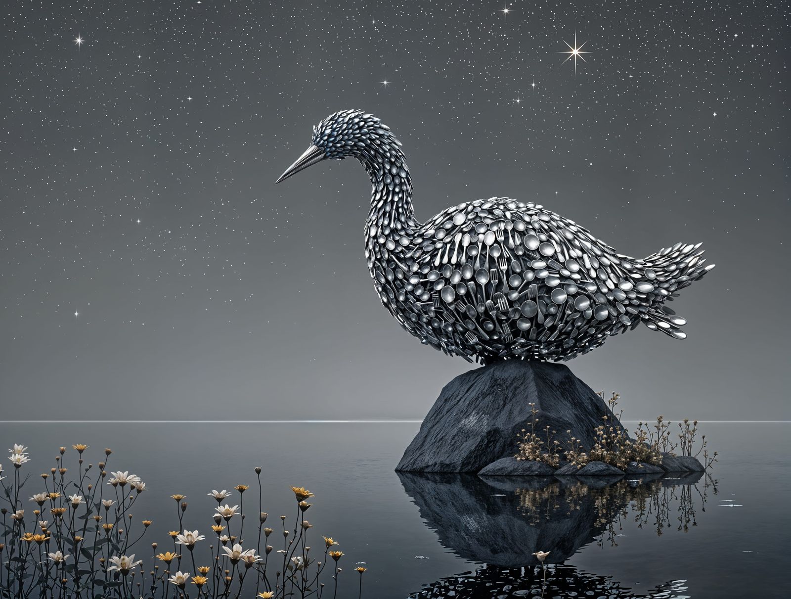 Fork Bird Sculpture Under Starry Night Sky