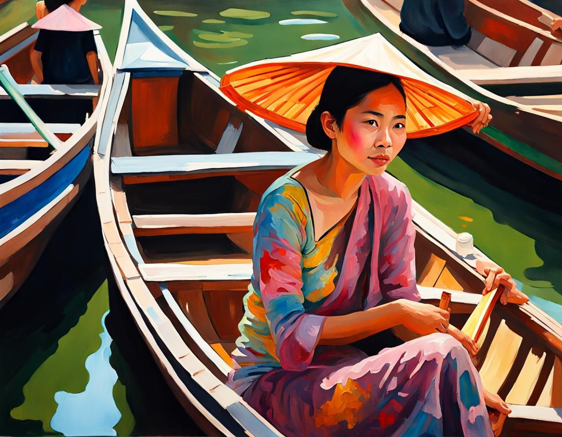 Floating Market Scene in Gouache Style