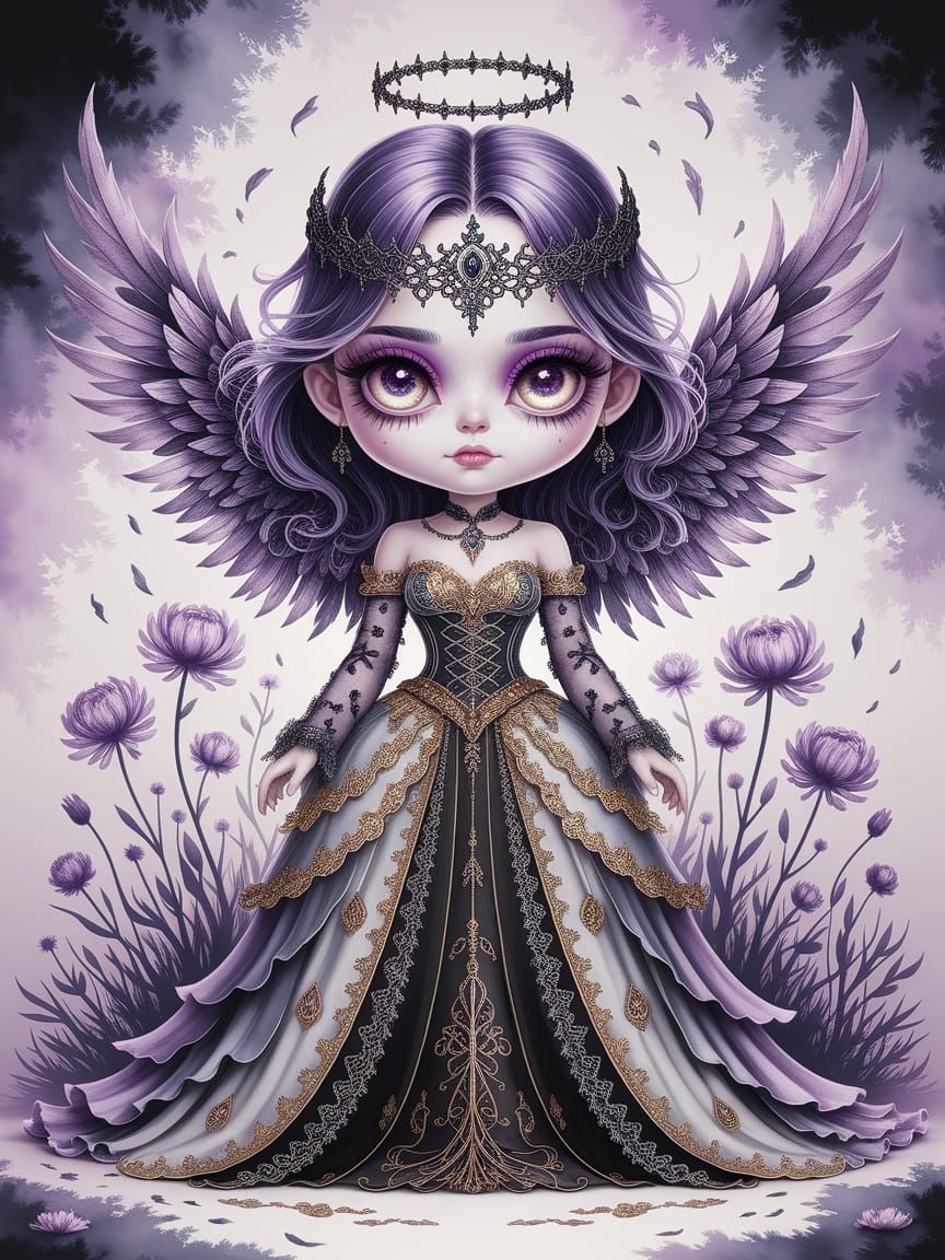 Gothic Chibi Angel of Death in a Field of Withered Flowers