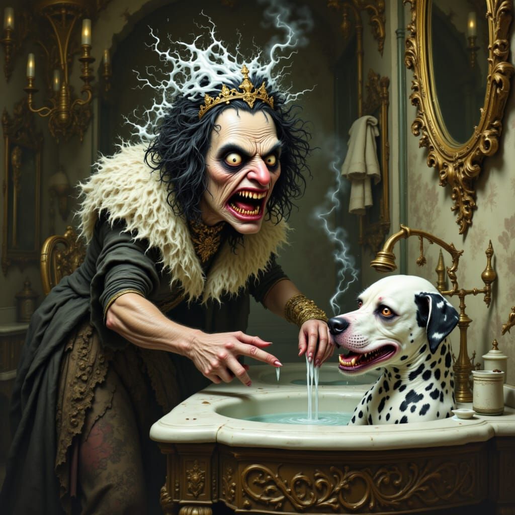 Mad Lady Macbeth Scolds Dalmatian in Grotesque Style