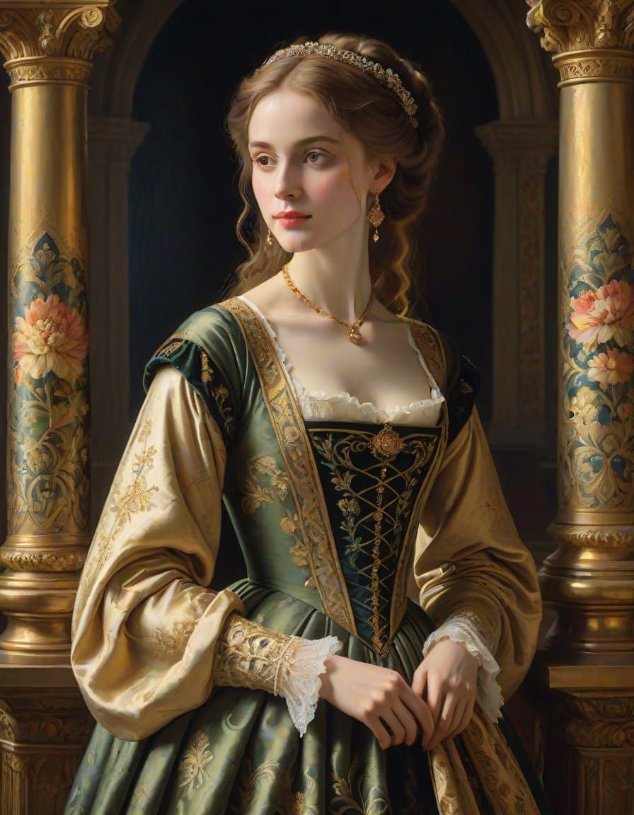 Elegant Noblewoman in Opulent Palace Setting, in Renaissance...