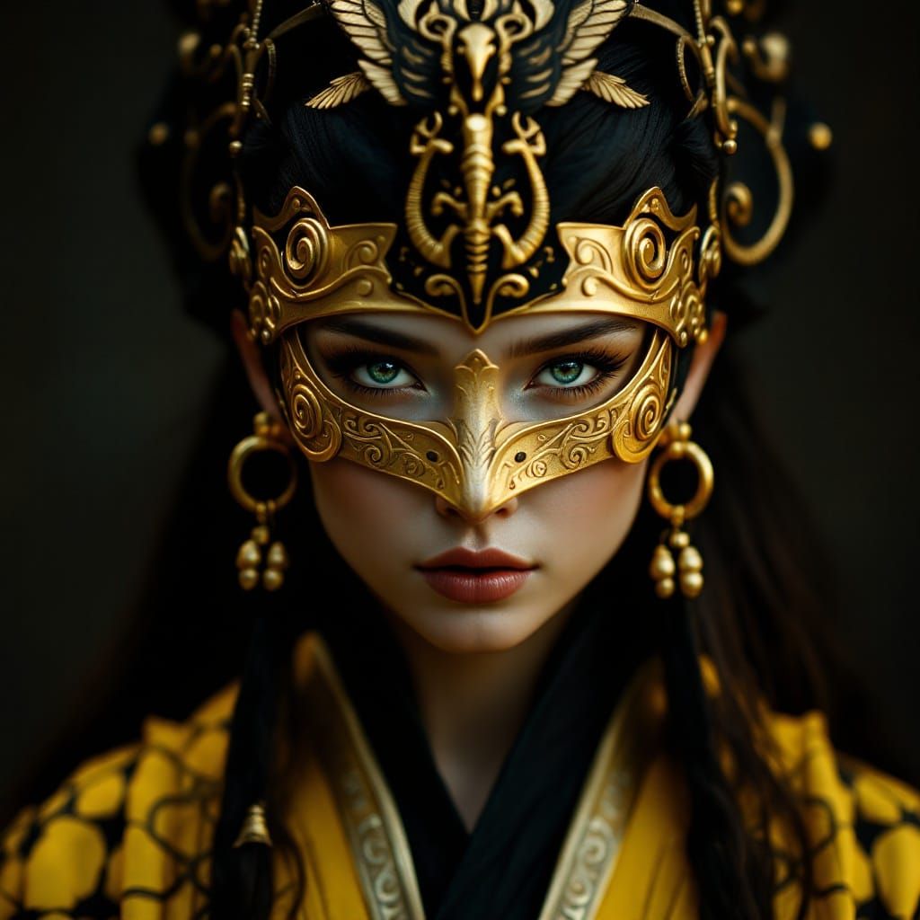 Ethereal Viking Geisha with Golden Mask and Headdress
