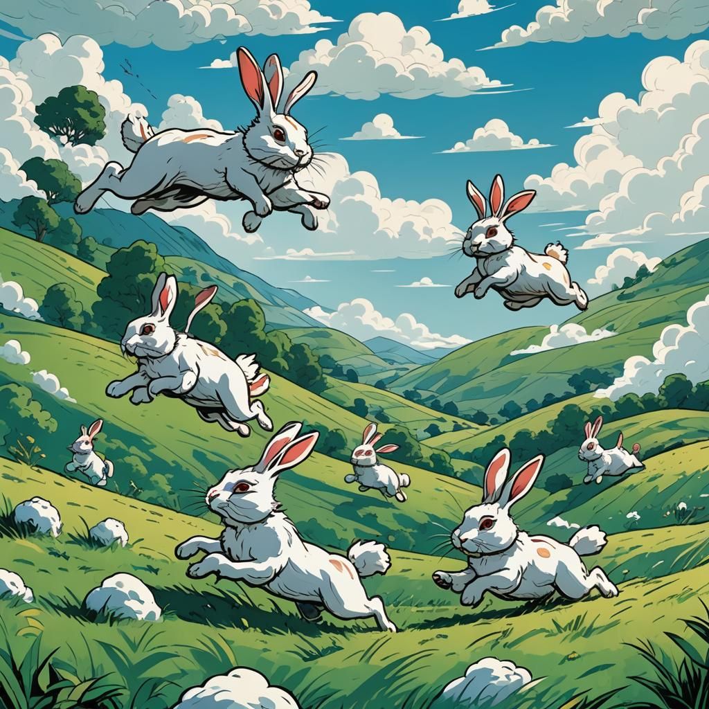 Energetic Rabbits Bouncing in Comic Book Art Style