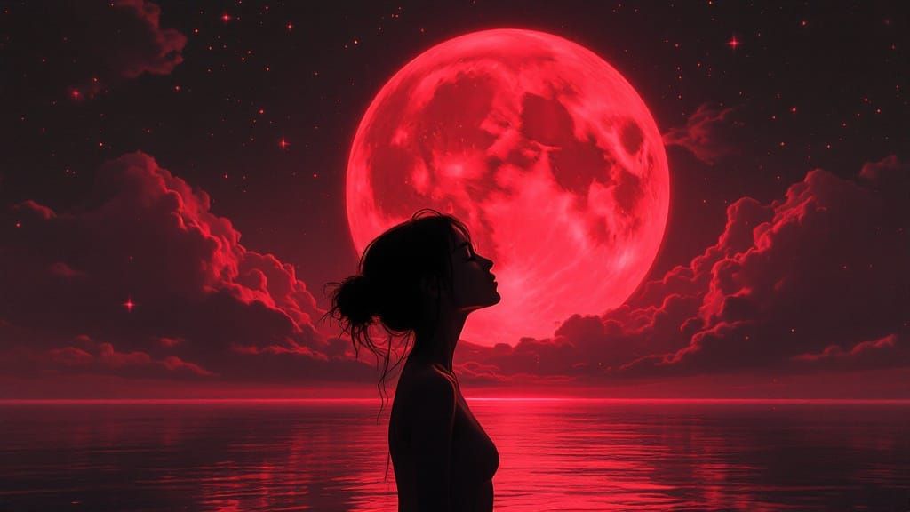 Woman and Crimson Moon in Digital Art Style