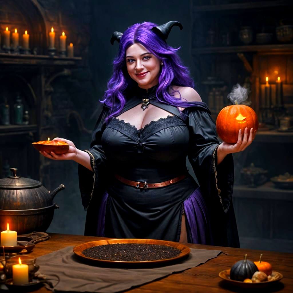 Obese Witch Brews Potion: Detailed Fantasy Concept Art