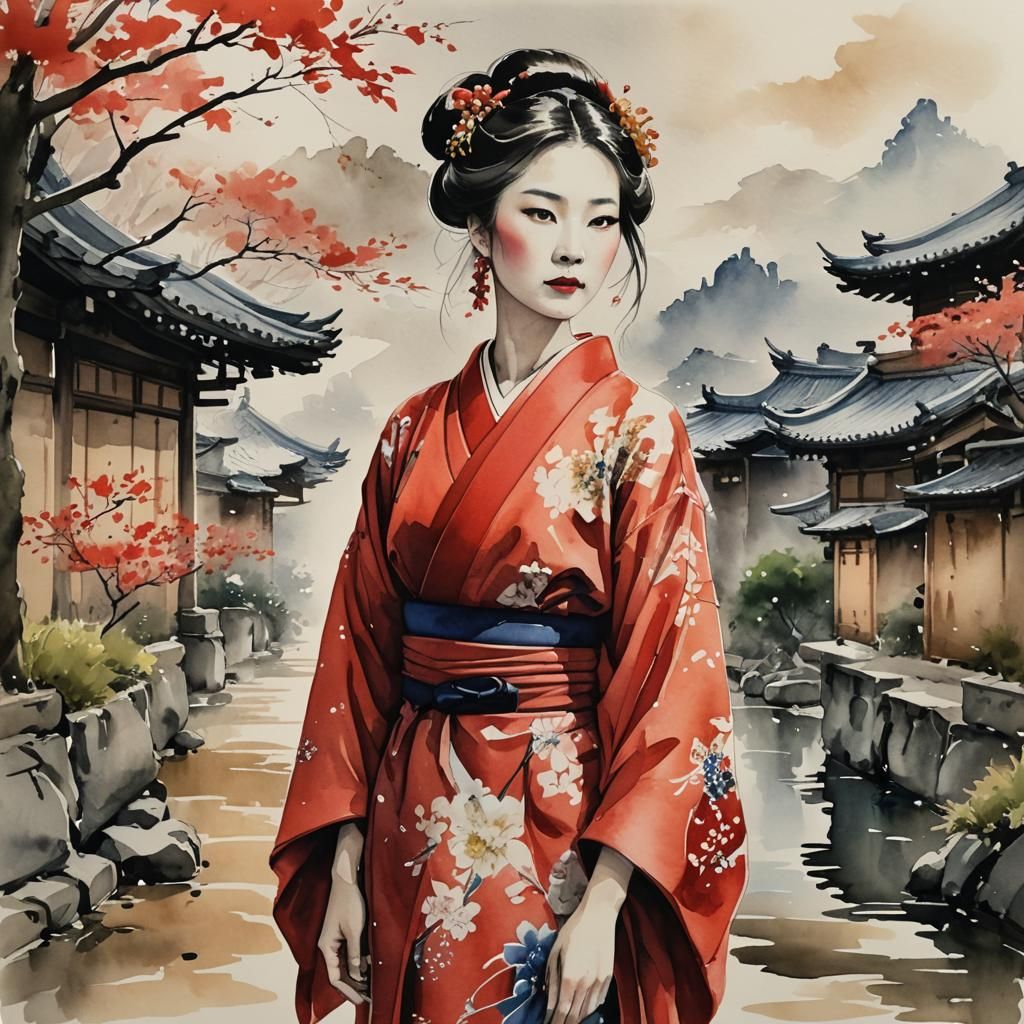 Woman in Red Kimono: Watercolor Ink Drawing