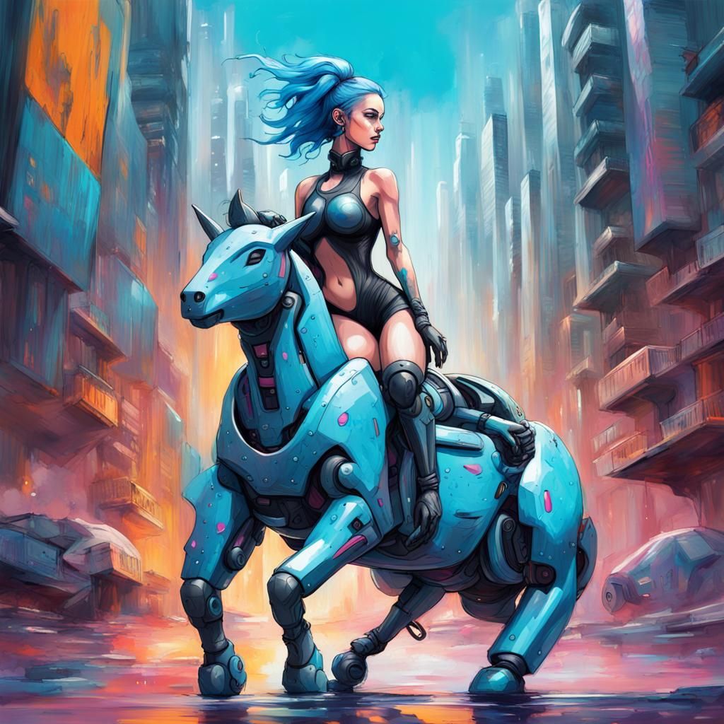 Cyberpunk Girl Rides Robotic Unicorn in Future City