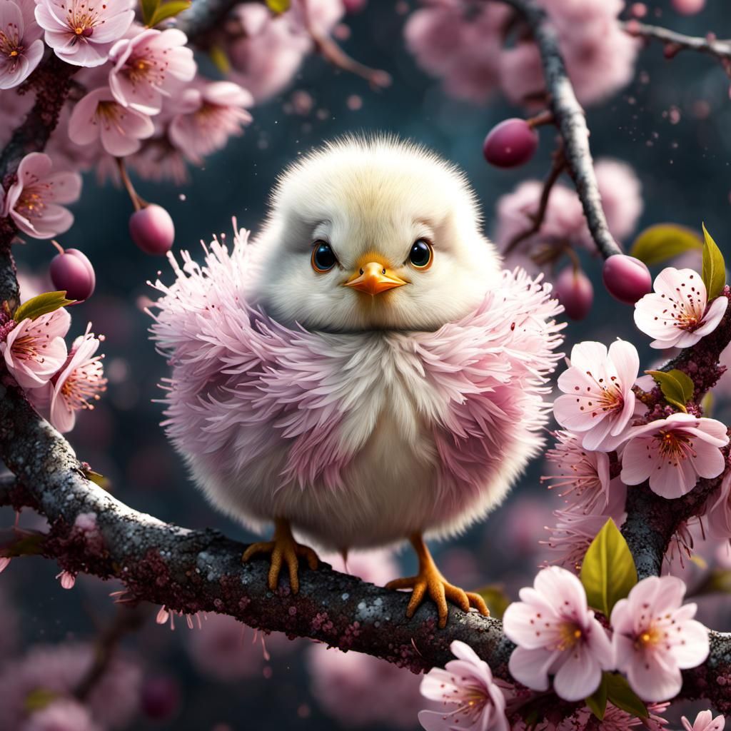 Fluffy Chick on Blossom Branch, Detailed Render