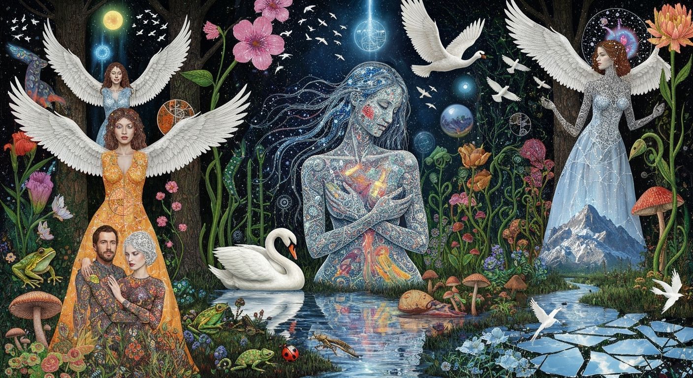 Surreal Garden Party: Women with Seal Tongues and Swan Wings