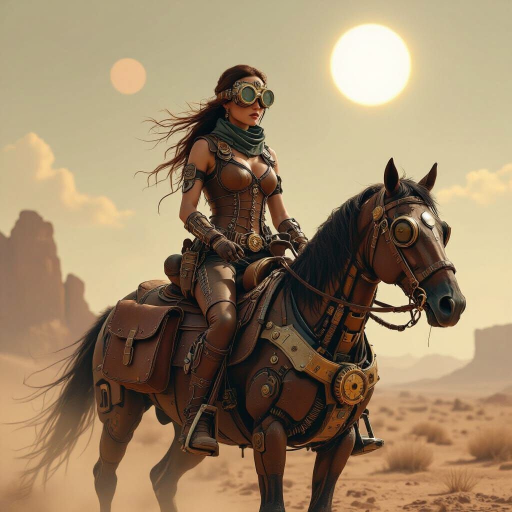 Steampunk Cowgirl Rides Clockwork Horse in Dystopian Wastela...