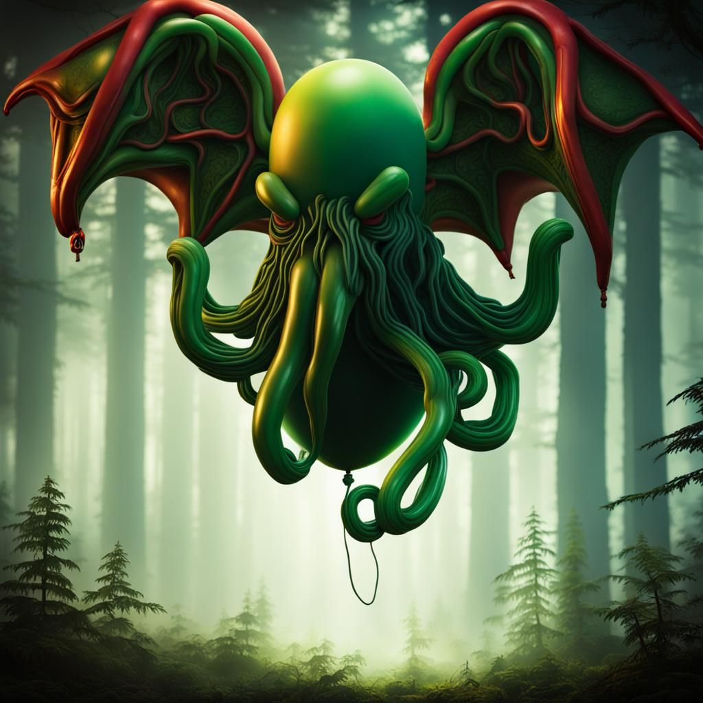 Balloon Animal Cthulhu in Forest, Detailed Sculpture