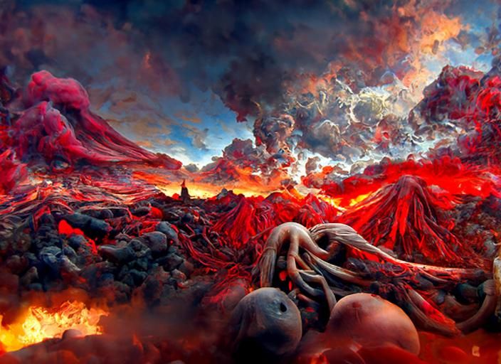Eldritch Volcano Eruption Under Colorful Sky