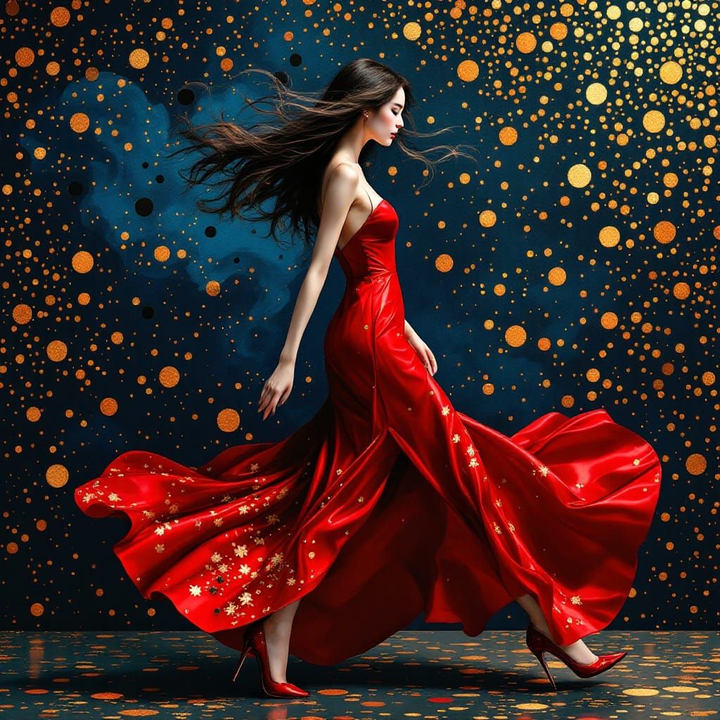 Asian Woman in Red Dress with Klimt Pattern