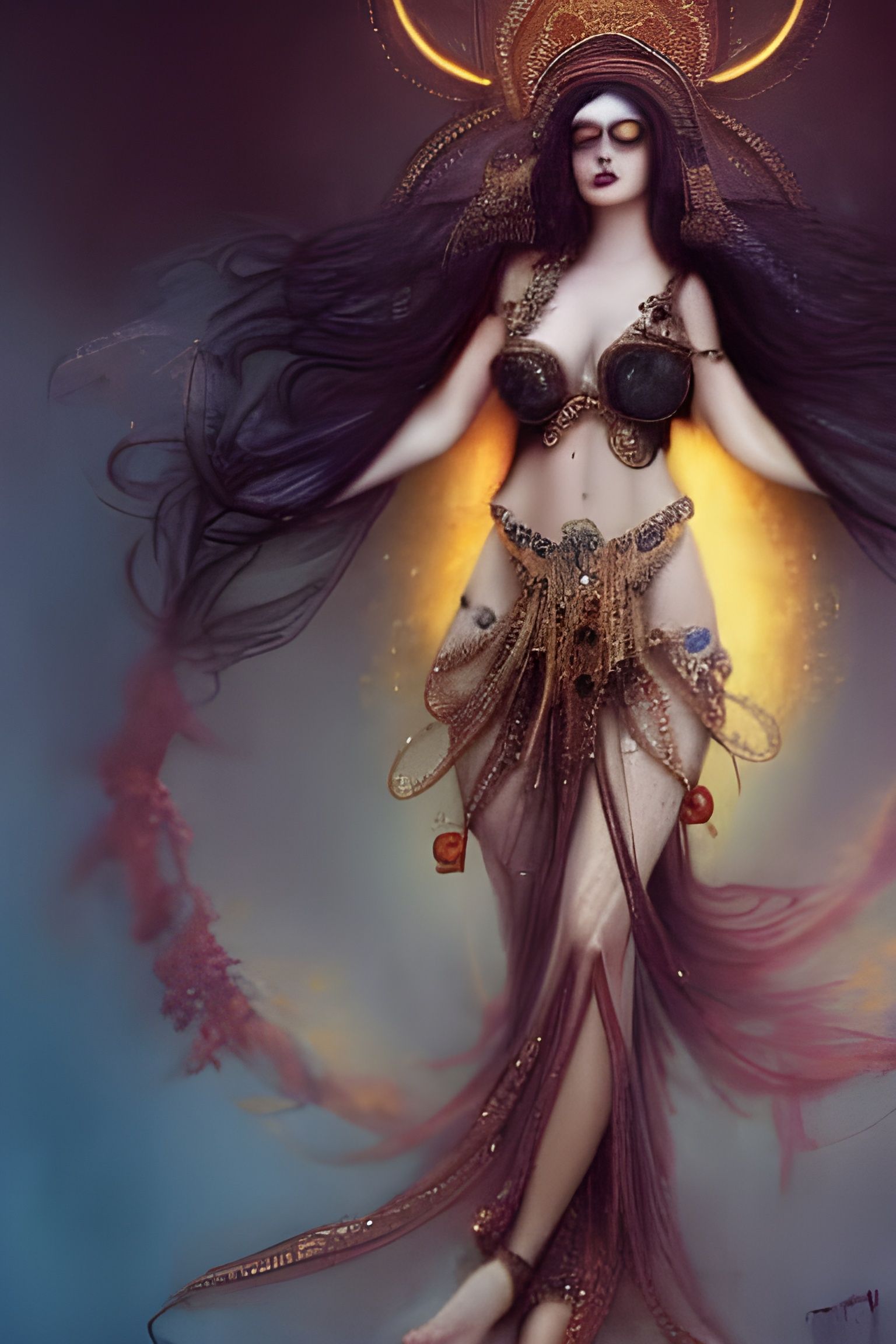 Gothic Goddess Belly Dancer in Watercolor Style