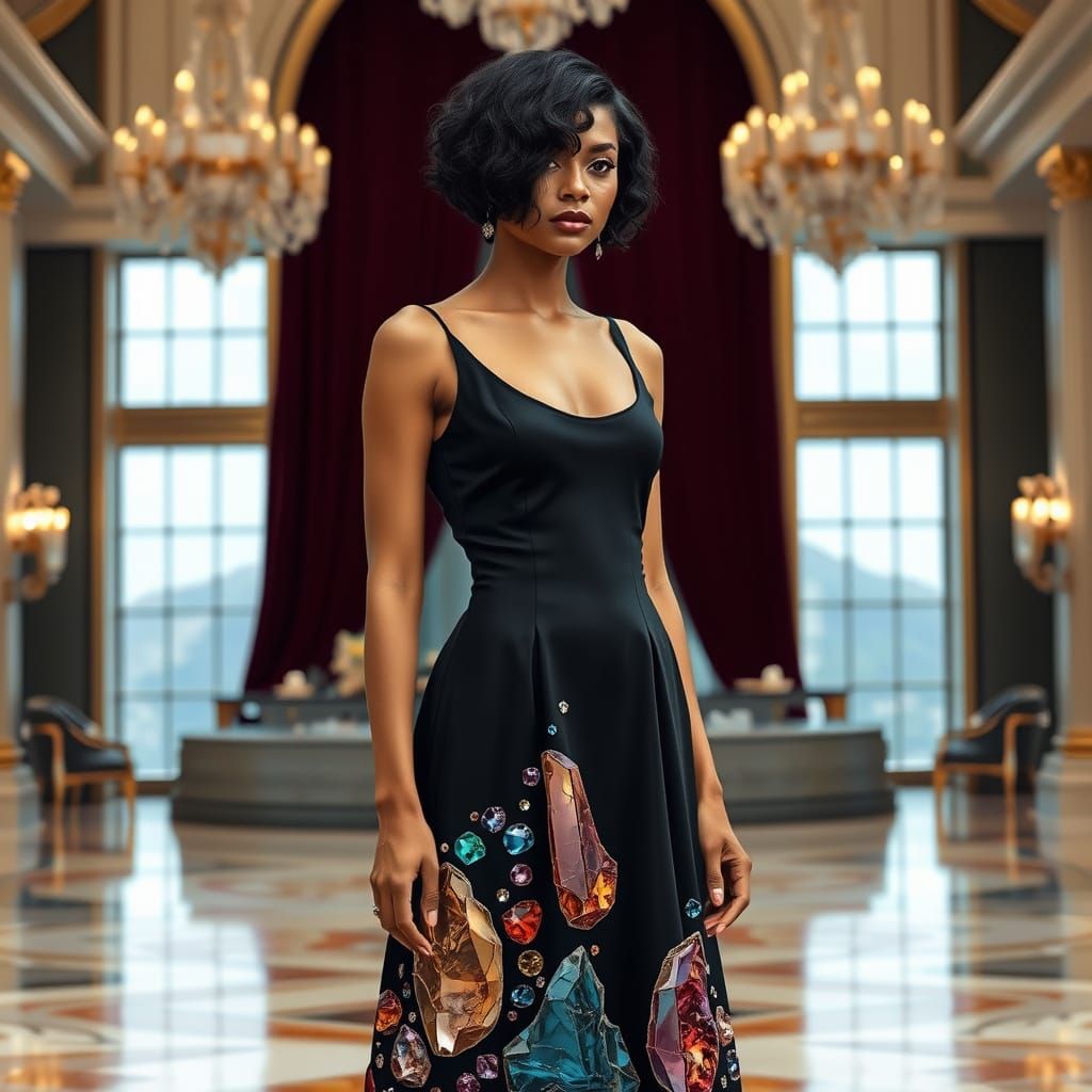 Woman in Crystal Dress in Futuristic Ballroom