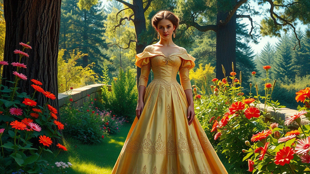 Elegant Woman in Golden Gown in Lush Garden