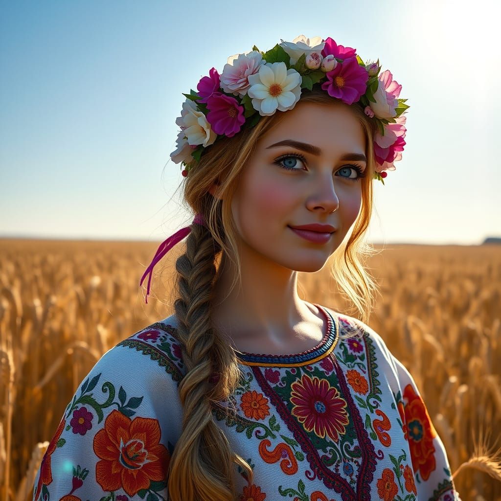 Ukrainian Girl in Wheat Field, Hyperrealistic Portrait