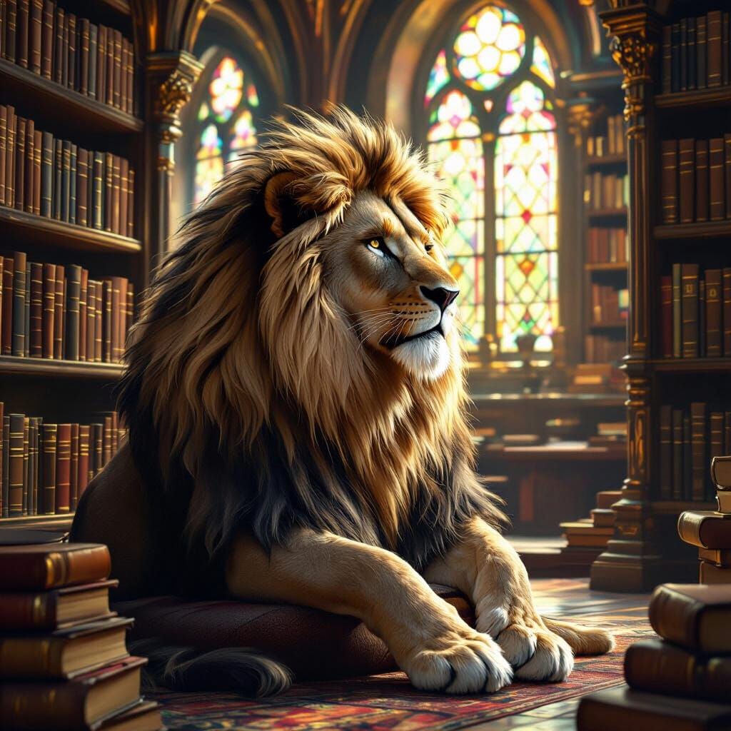 Wise Lion in Mystical Library: Hyperrealistic Art