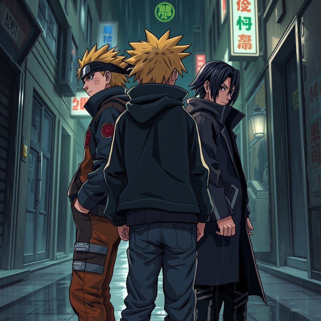 Anime Warriors Clash in Neon-Lit Urban Landscape