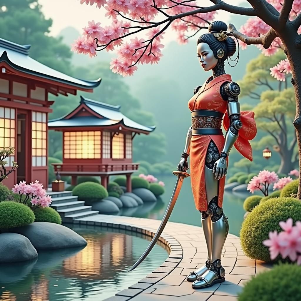 Robot Geisha with Samurai Sword in Steampunk Garden