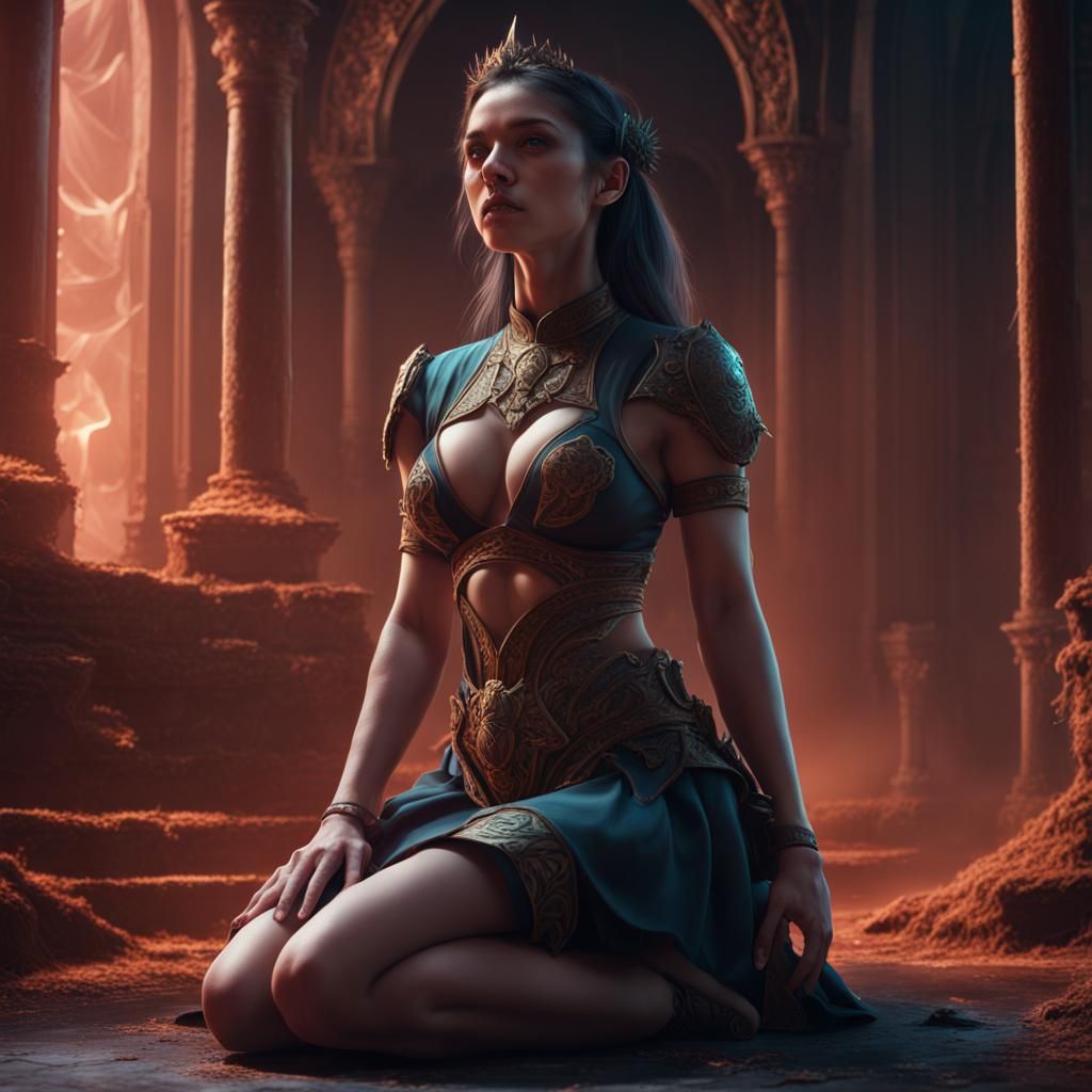 Fantasy Girl Kneeling: Detailed Digital Art