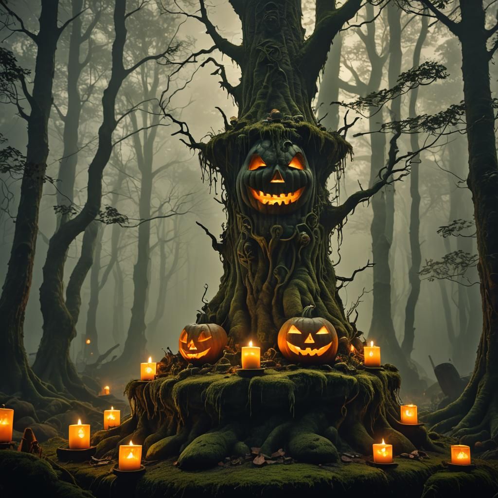 Eerie Jack-o-Lanterns in Misty Forest, Dark Fantasy Art
