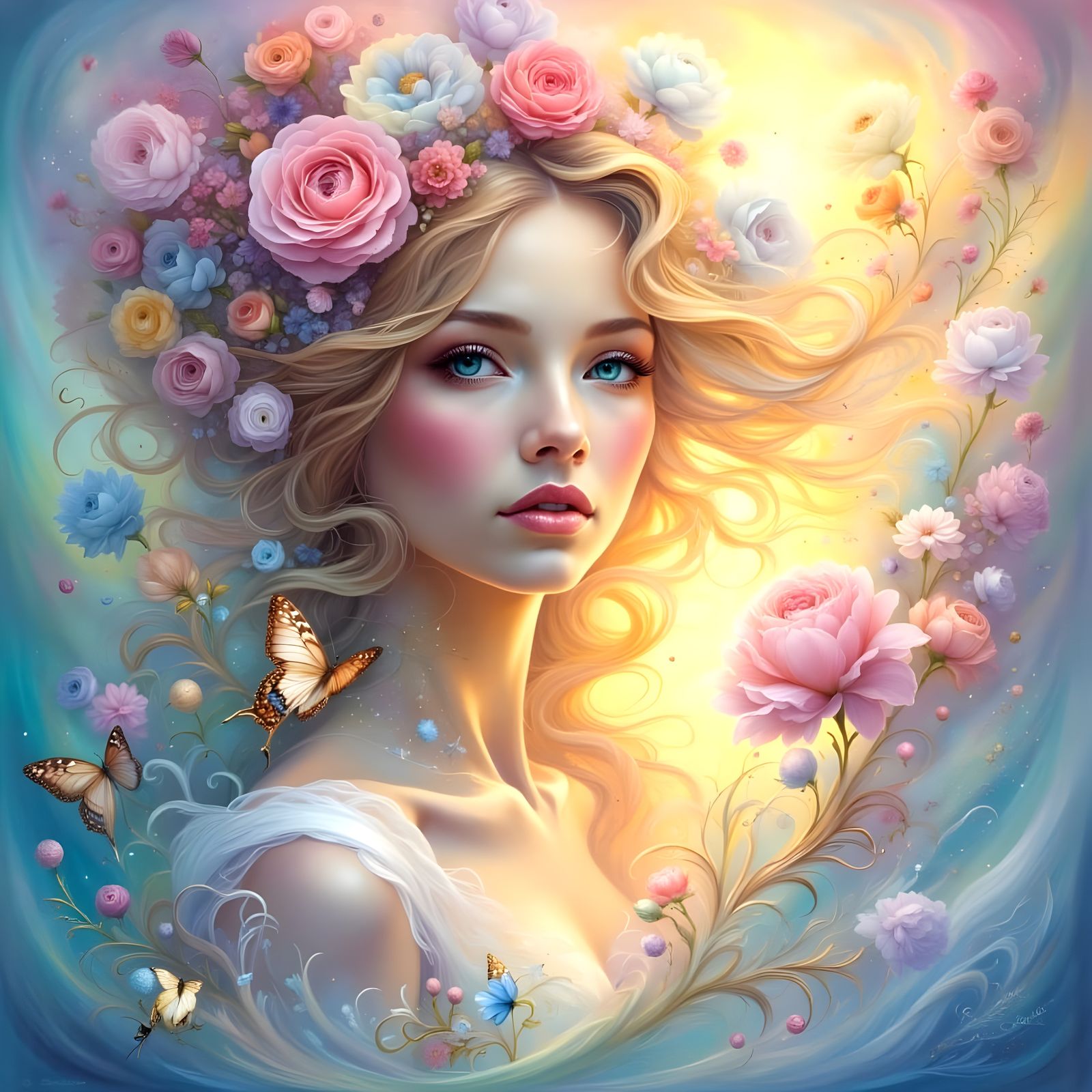 Blond Goddess Emerges in Pastel Wonderland