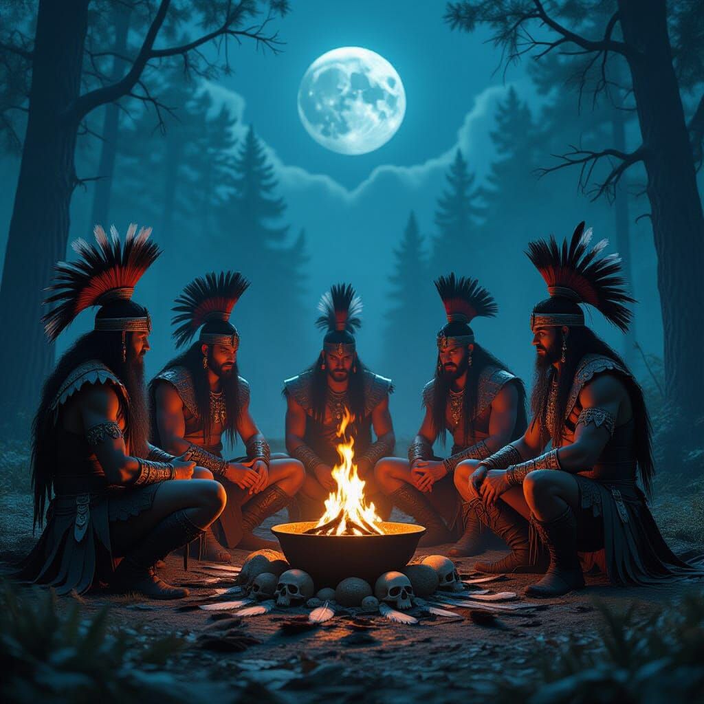 Mystical Warriors Chant Under Full Moon in Dark Fantasy Styl...