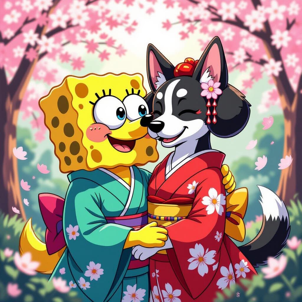 Nubian SpongeBob and Geisha Dog Embrace in Anime Style