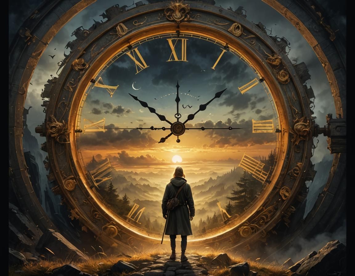 Woman and Time Portal in Foggy Landscape