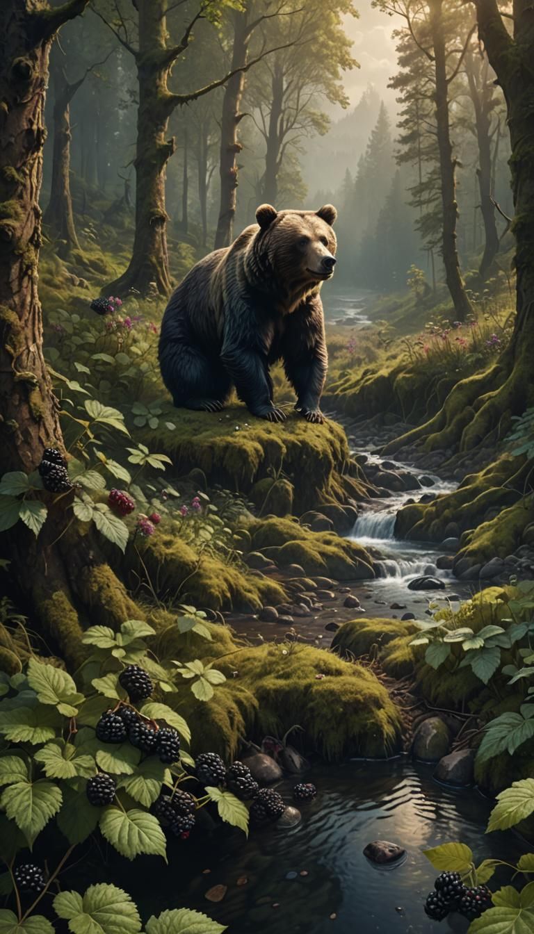 Bear in Blackberry Patch: Digital Matte Painting