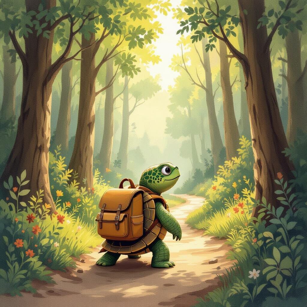 Determined Turtle on Forest Path in Children's Book Style