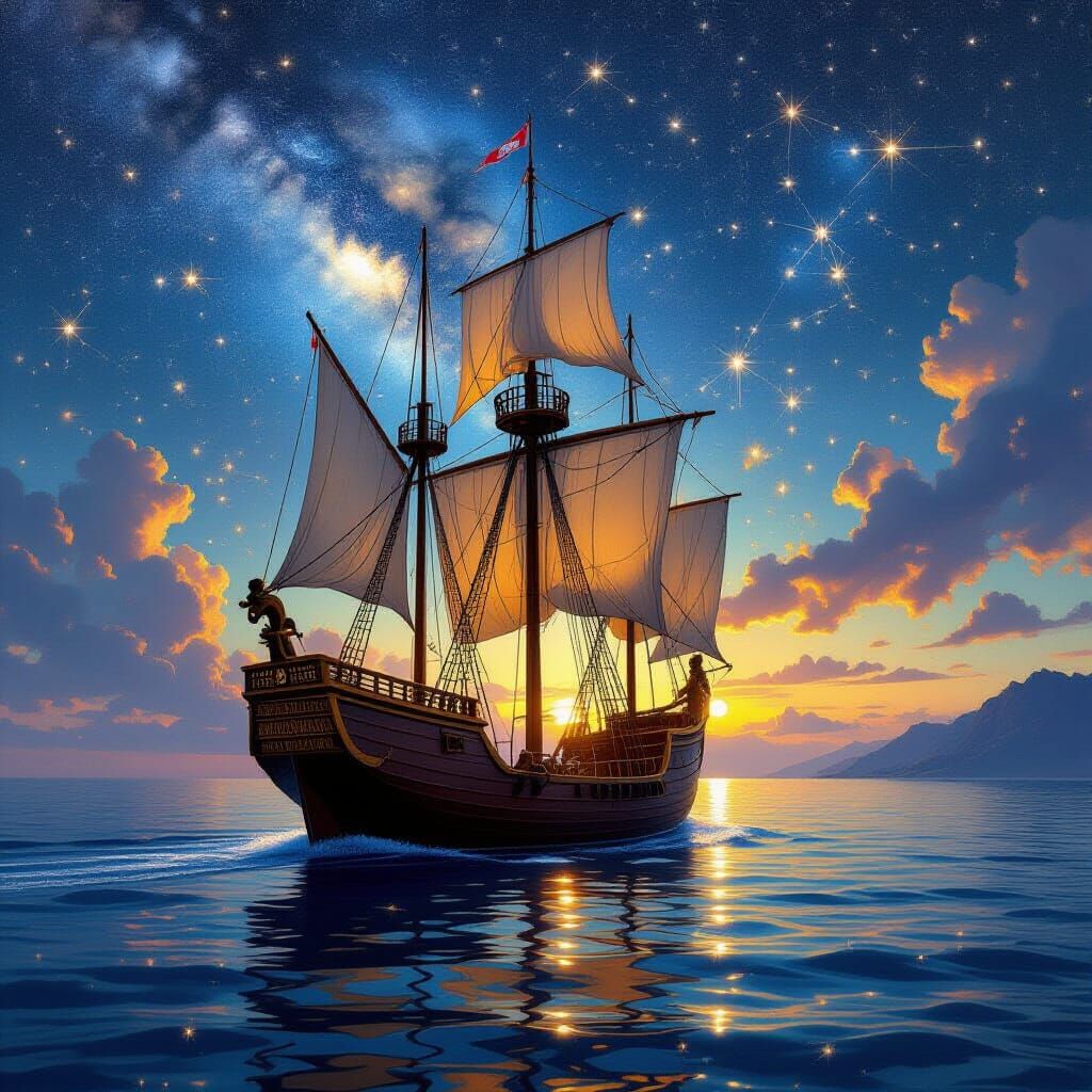 Roman Galley Under Constellation Sky: Renaissance Style