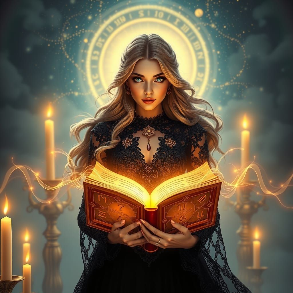 A woman in a black dress holds a book in her hands. A realistic woman stands gracefully, deeply engaged with a sacred to...