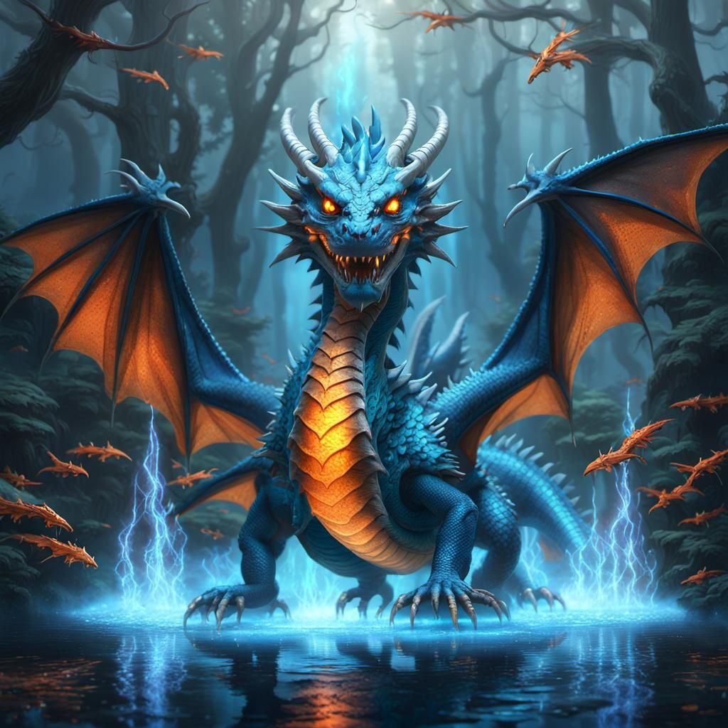 Blue Dragon in Misty Forest: 3D Digital Art