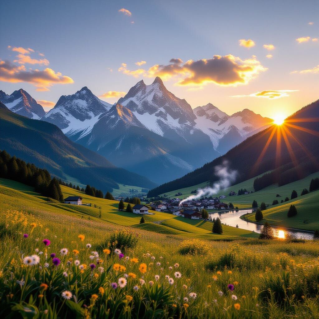 Golden Hour Mountain Landscape with Village and River