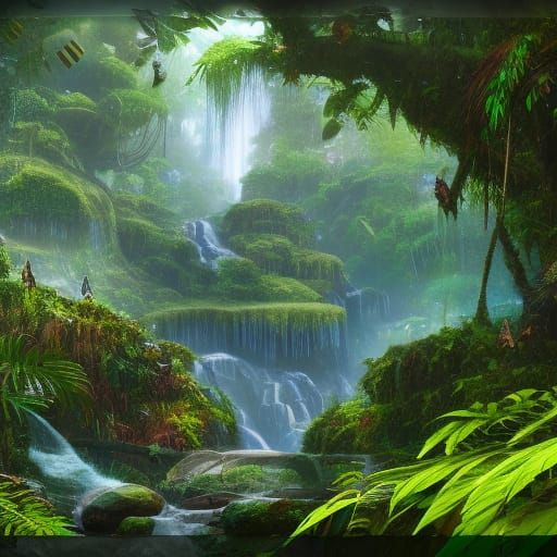 Lush Solarpunk Jungle with Sapphire Waterfalls