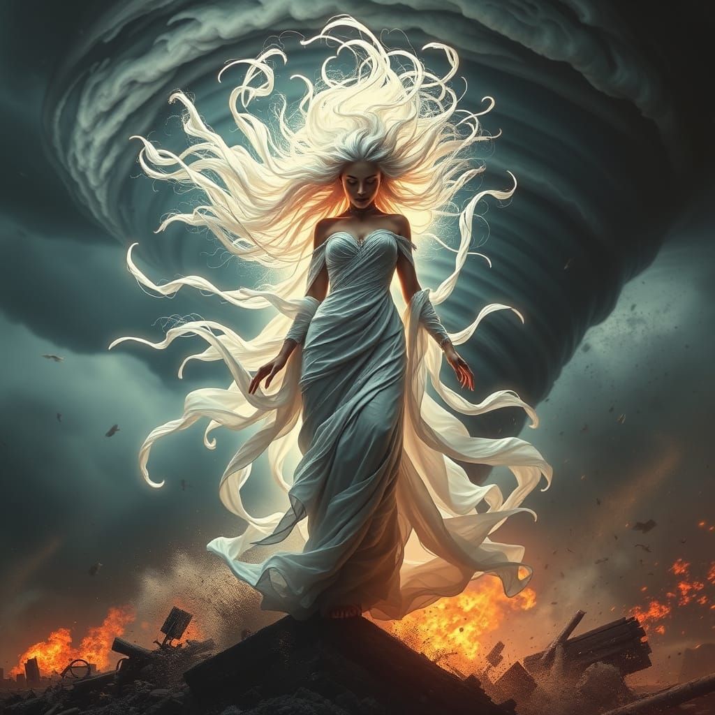 Ethereal Wind Goddess in the Eye of the Tornado