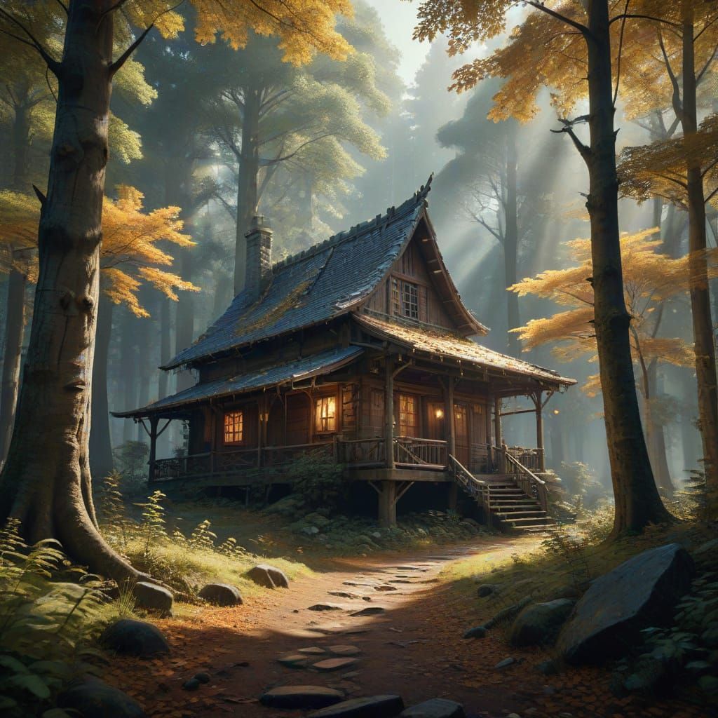 Whimsical Autumnal Cabin Scene in Cinematic Style