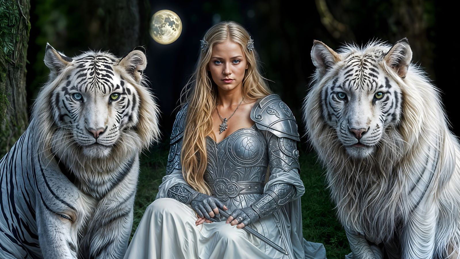 Celtic Princess Warrior Surrounded by White Tigers and a Sil...